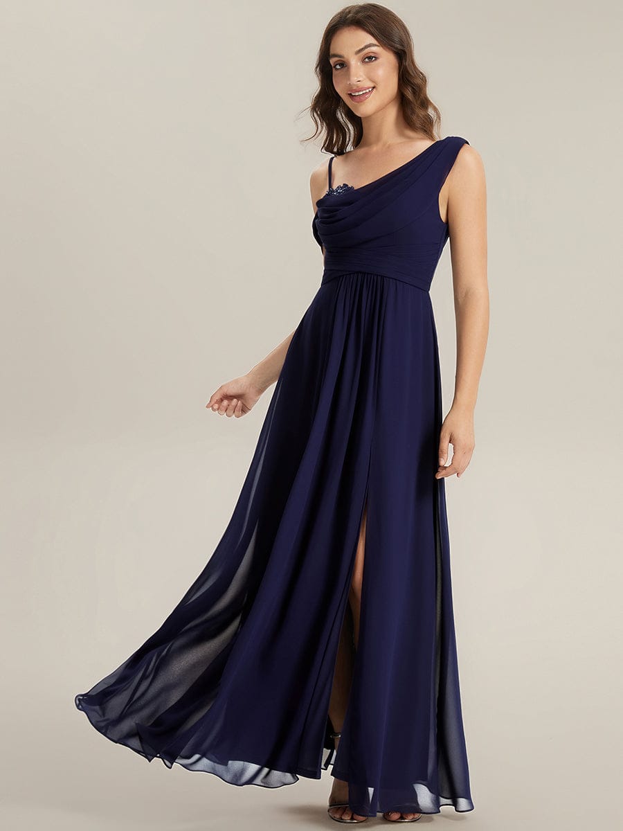 Thigh-High Slit Chiffon Sleeveless Dress #color_Navy Blue