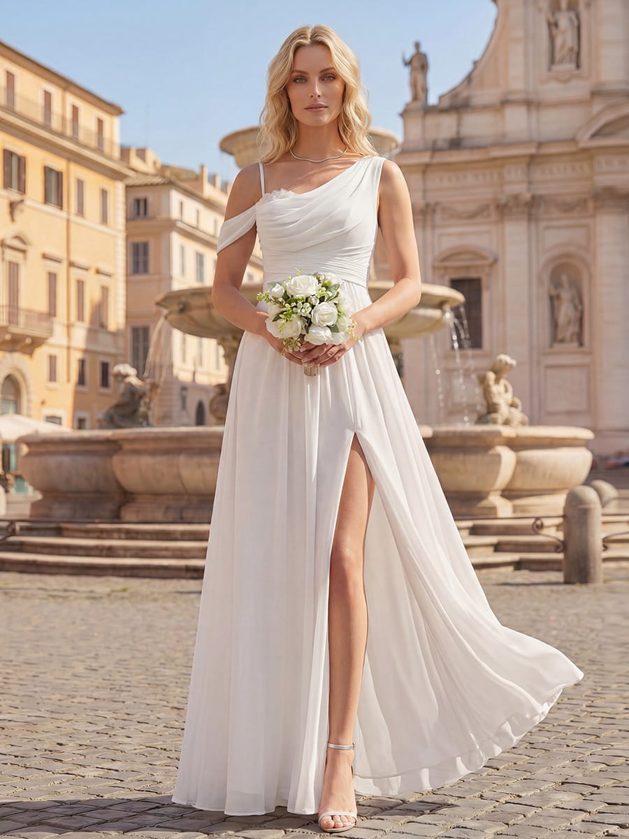 Thigh-High Slit Chiffon Sleeveless Dress #color_White