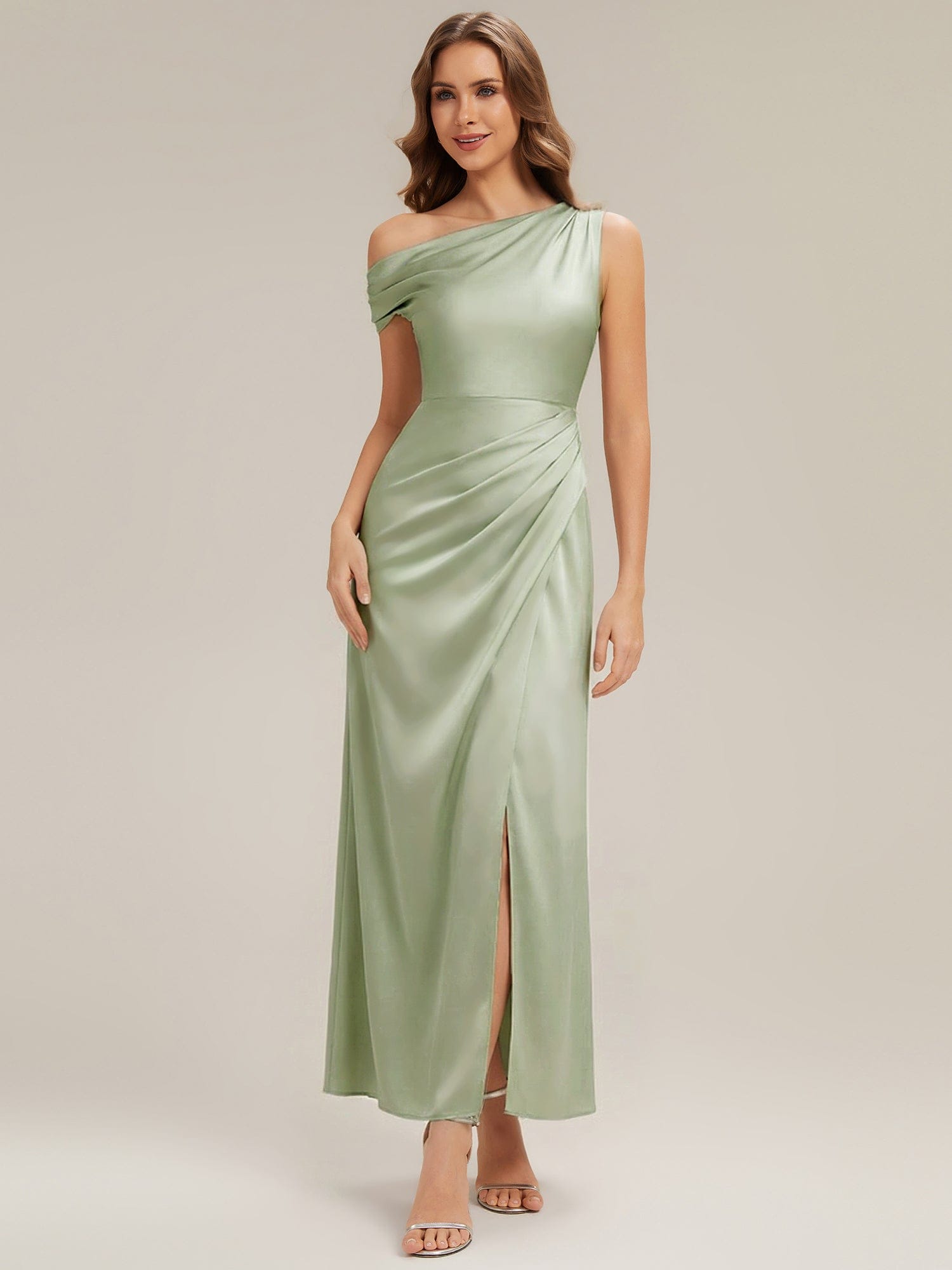 Convertible Satin Drop Shoulder Sleeve Dress #color_Sage Green