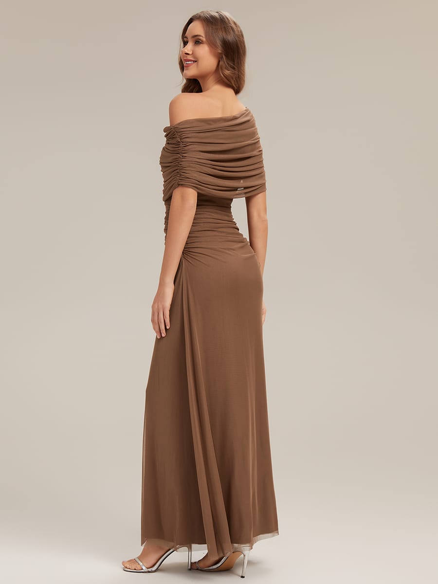 Knotted Mesh Drop Shoulder Sleeve Dress #Color_Brown