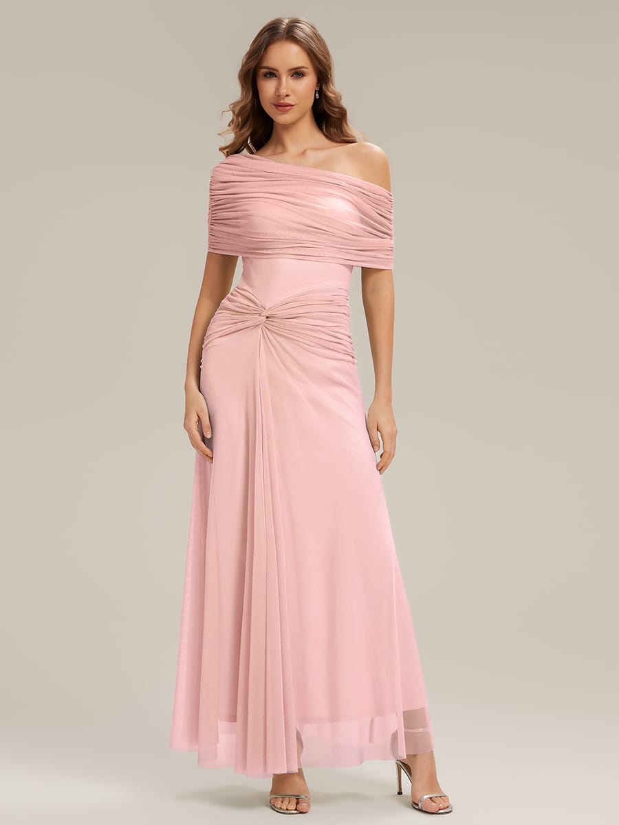 Knotted Mesh Drop Shoulder Sleeve Dress #Color_Pink
