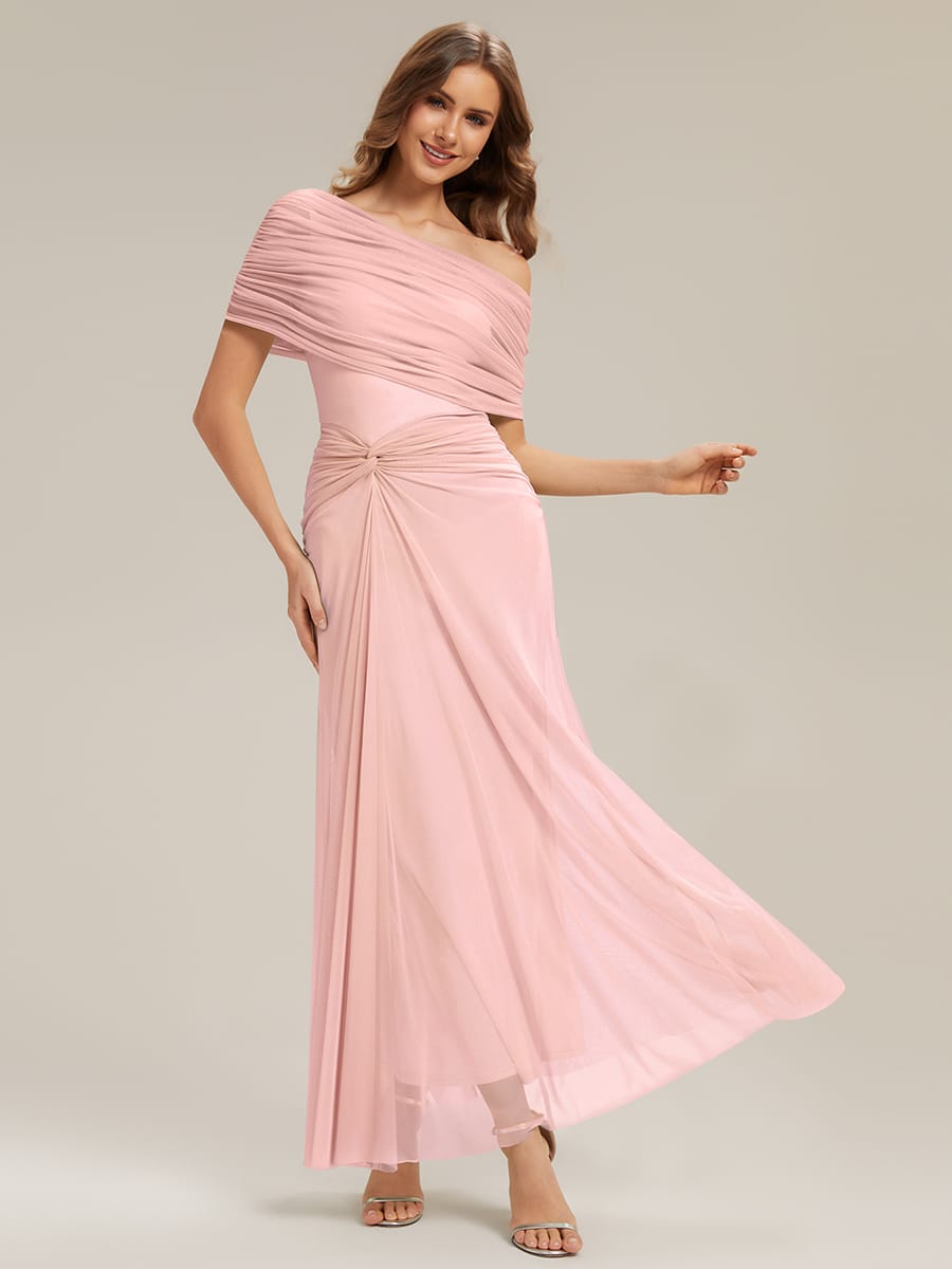 Knotted Mesh Drop Shoulder Sleeve Dress #Color_Pink