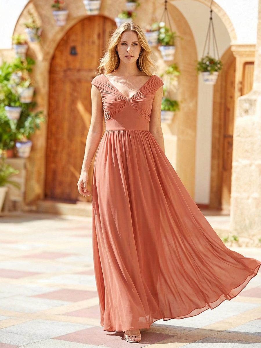 Pleated Chiffon Cap Sleeve Dress #color_Coral Pink