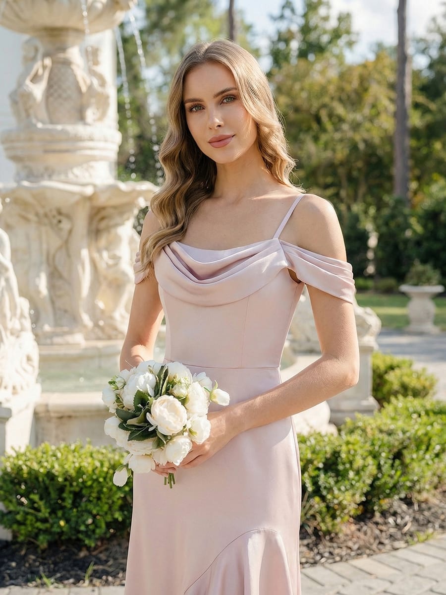 Ruffled Satin Drop Shoulder Sleeve Dress #color_Pink