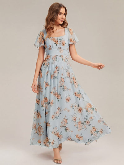 Ruched Chiffon Ruffle Sleeve Dress #color_Amber Bloom