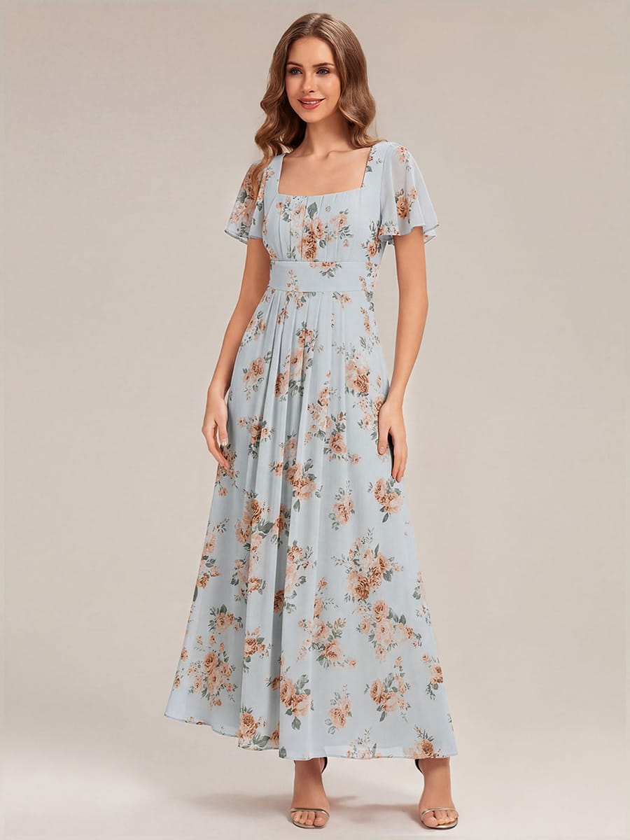 Ruched Chiffon Ruffle Sleeve Dress #color_Amber Bloom