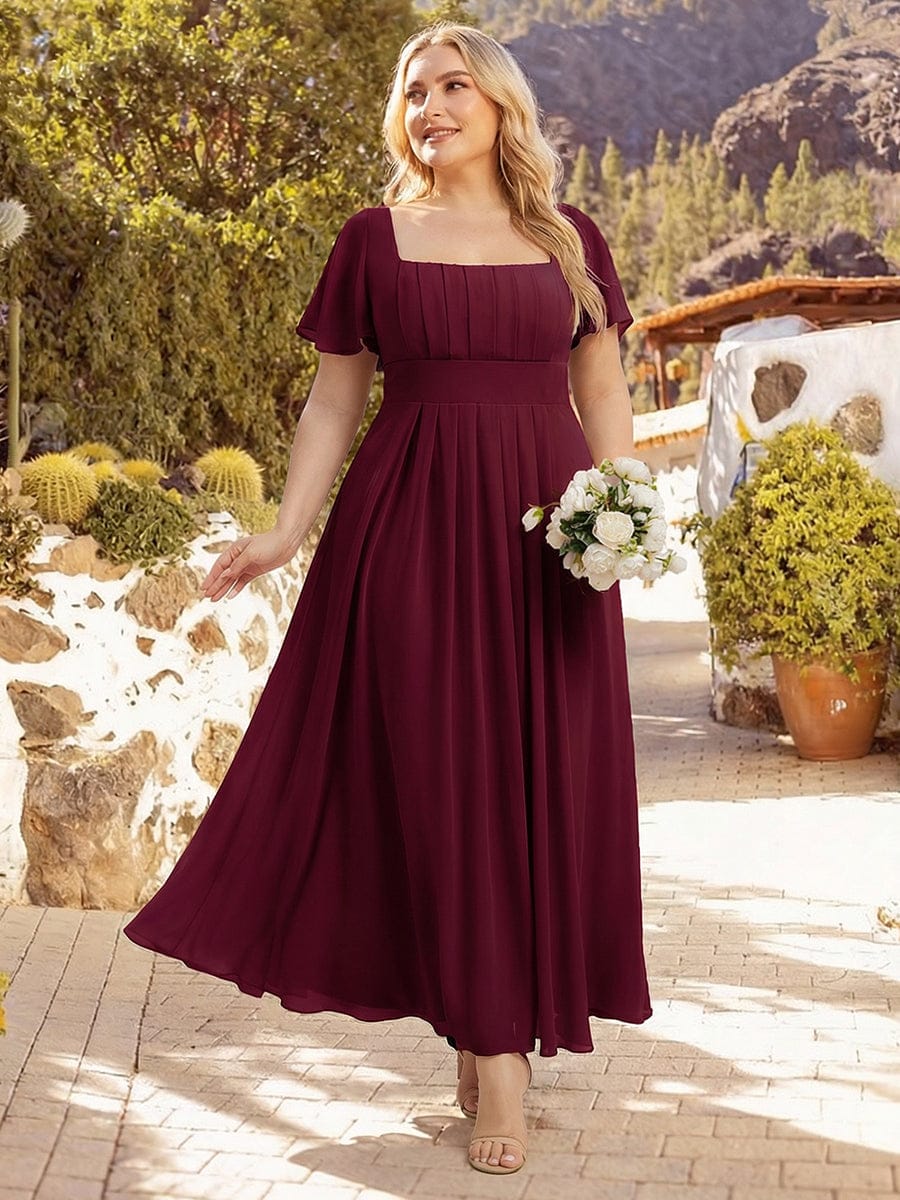 Ruched Chiffon Ruffle Sleeve Dress #color_Burgundy