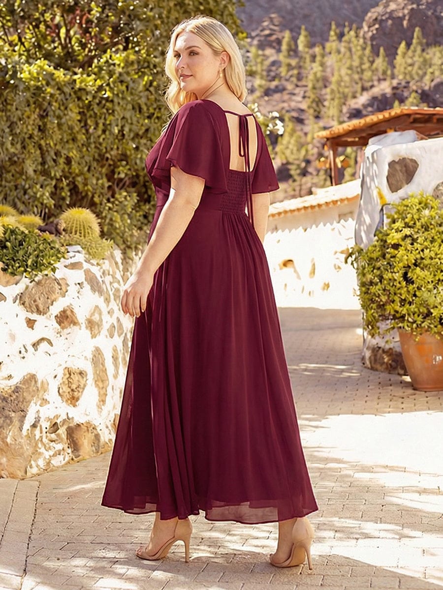 Ruched Chiffon Ruffle Sleeve Dress #color_Burgundy