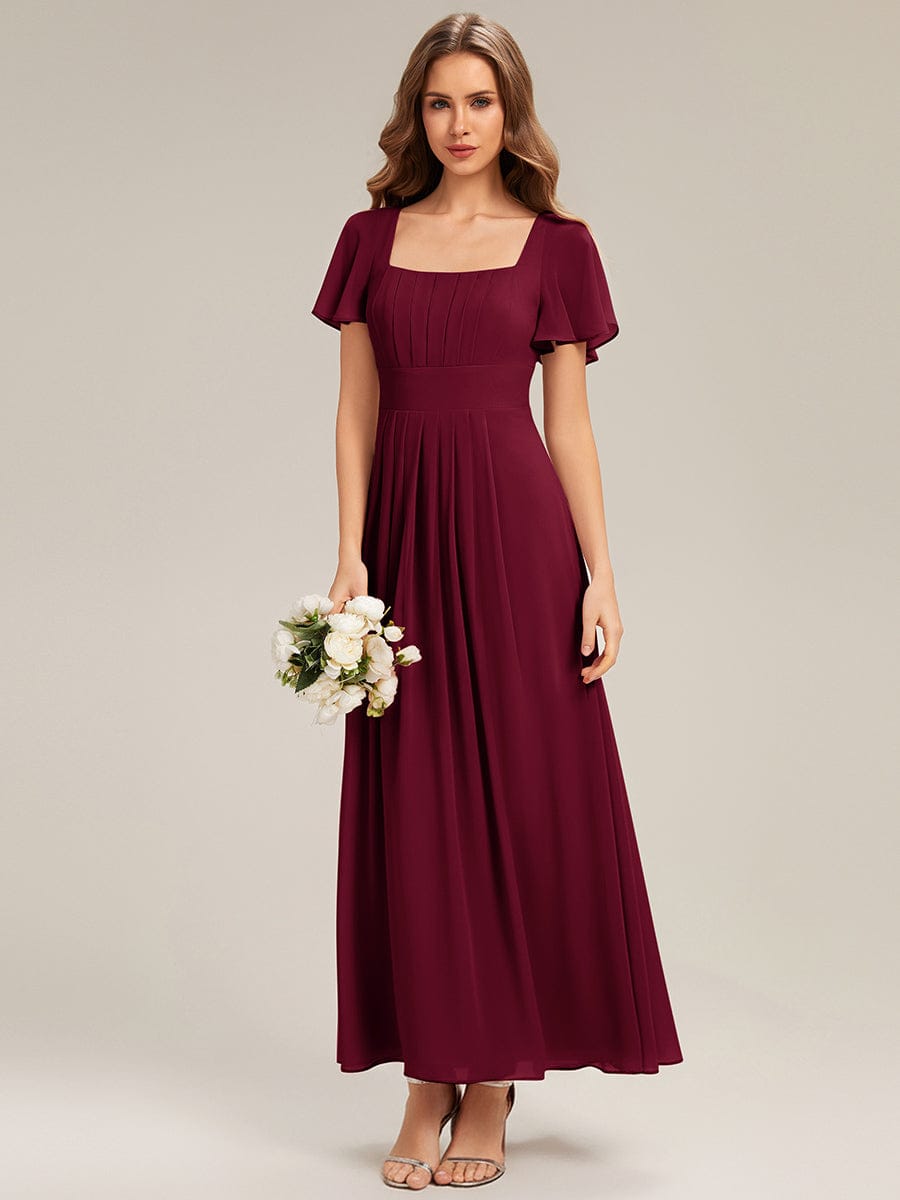 Ruched Chiffon Ruffle Sleeve Dress #color_Burgundy