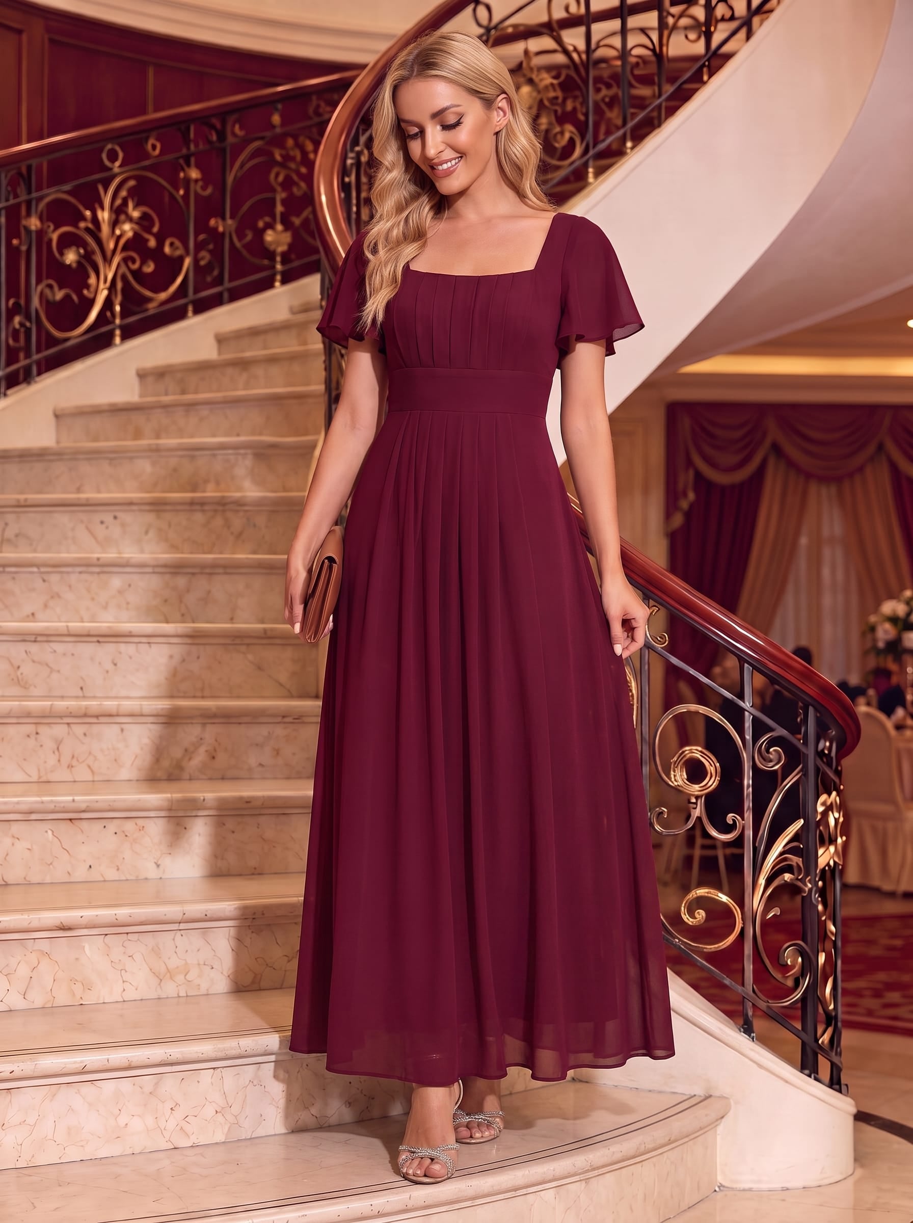 Ruched Chiffon Ruffle Sleeve Dress #color_Burgundy