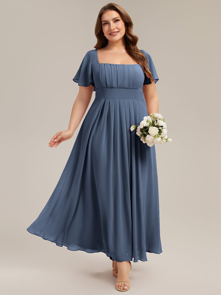 Ruched Chiffon Ruffle Sleeve Dress #color_Dusty Blue