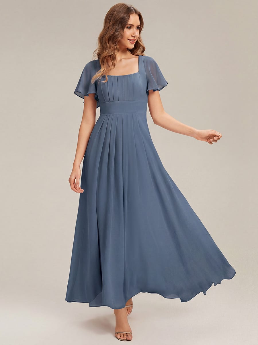 Ruched Chiffon Ruffle Sleeve Dress #color_Dusty Blue