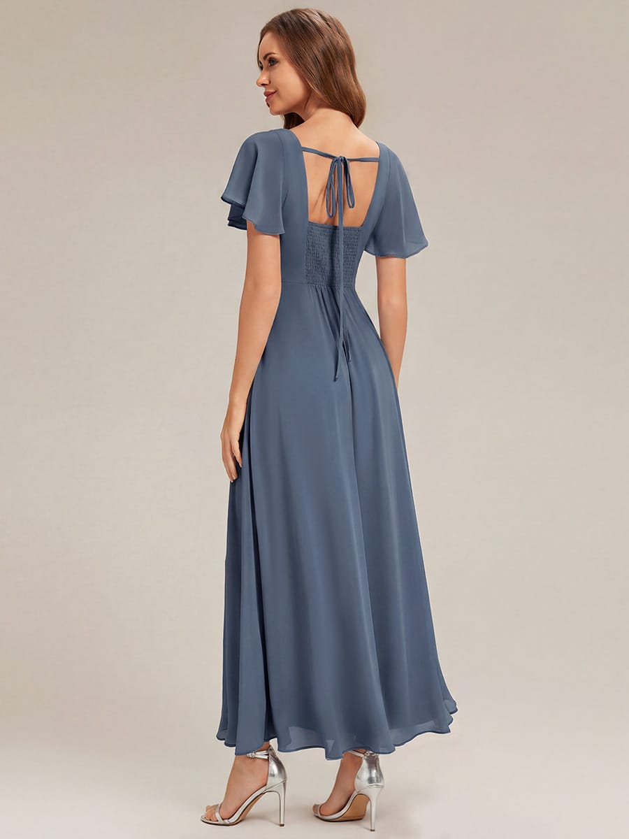 Ruched Chiffon Ruffle Sleeve Dress #color_Dusty Blue