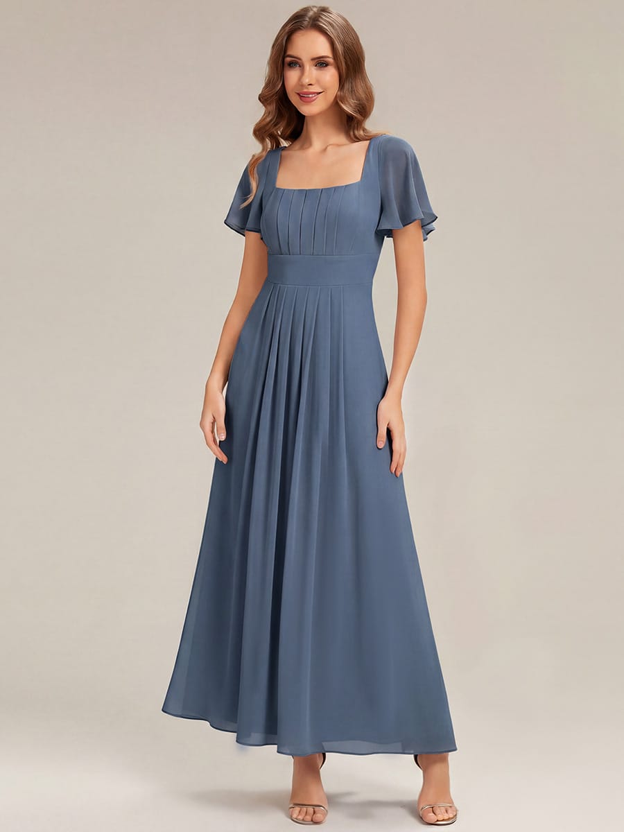 Ruched Chiffon Ruffle Sleeve Dress #color_Dusty Blue