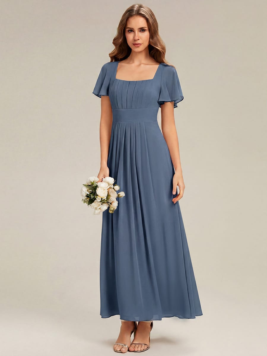 Ruched Chiffon Ruffle Sleeve Dress #color_Dusty Blue