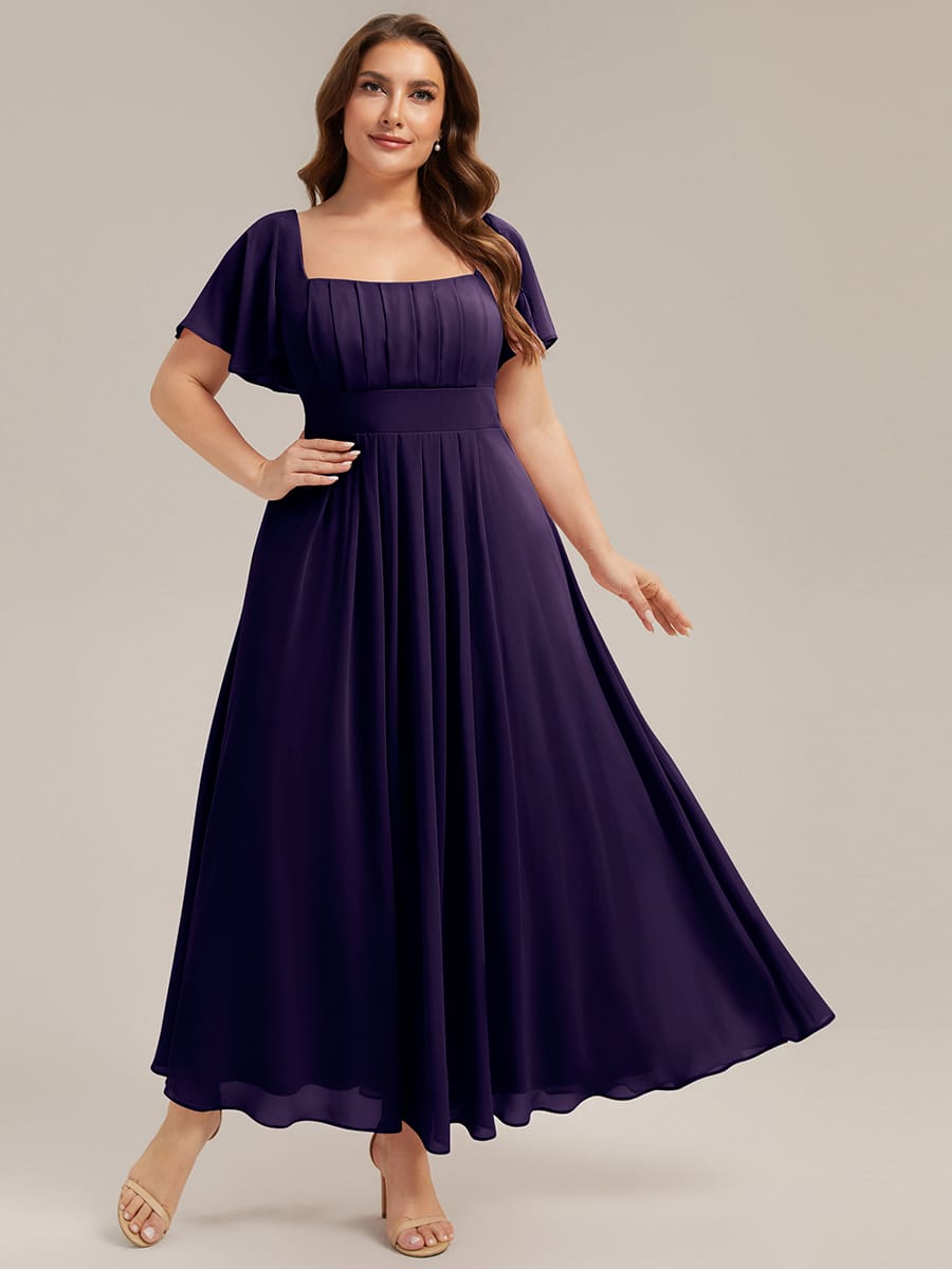 Ruched Chiffon Ruffle Sleeve Dress #color_Dark Purple
