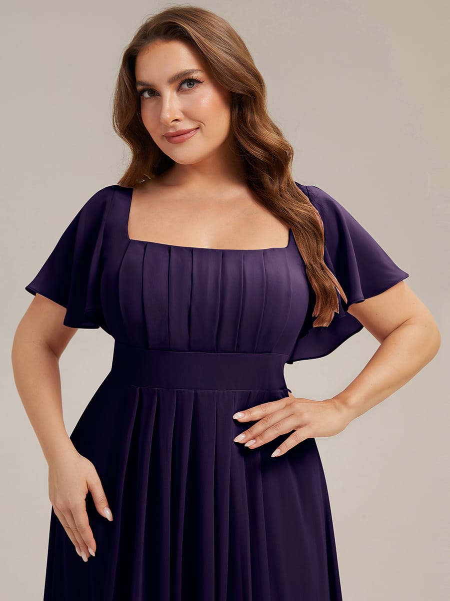 Ruched Chiffon Ruffle Sleeve Dress #color_Dark Purple