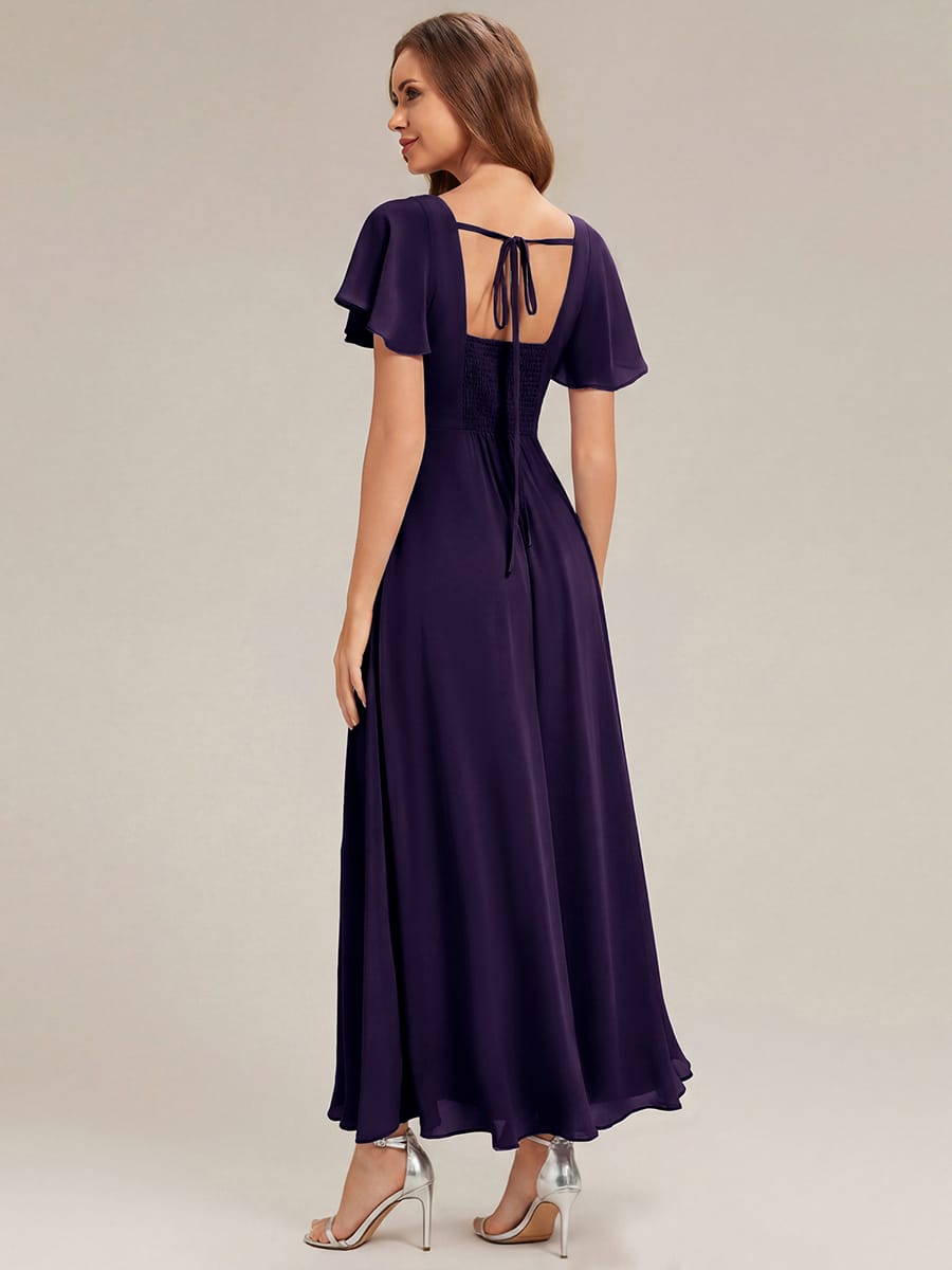Ruched Chiffon Ruffle Sleeve Dress #color_Dark Purple