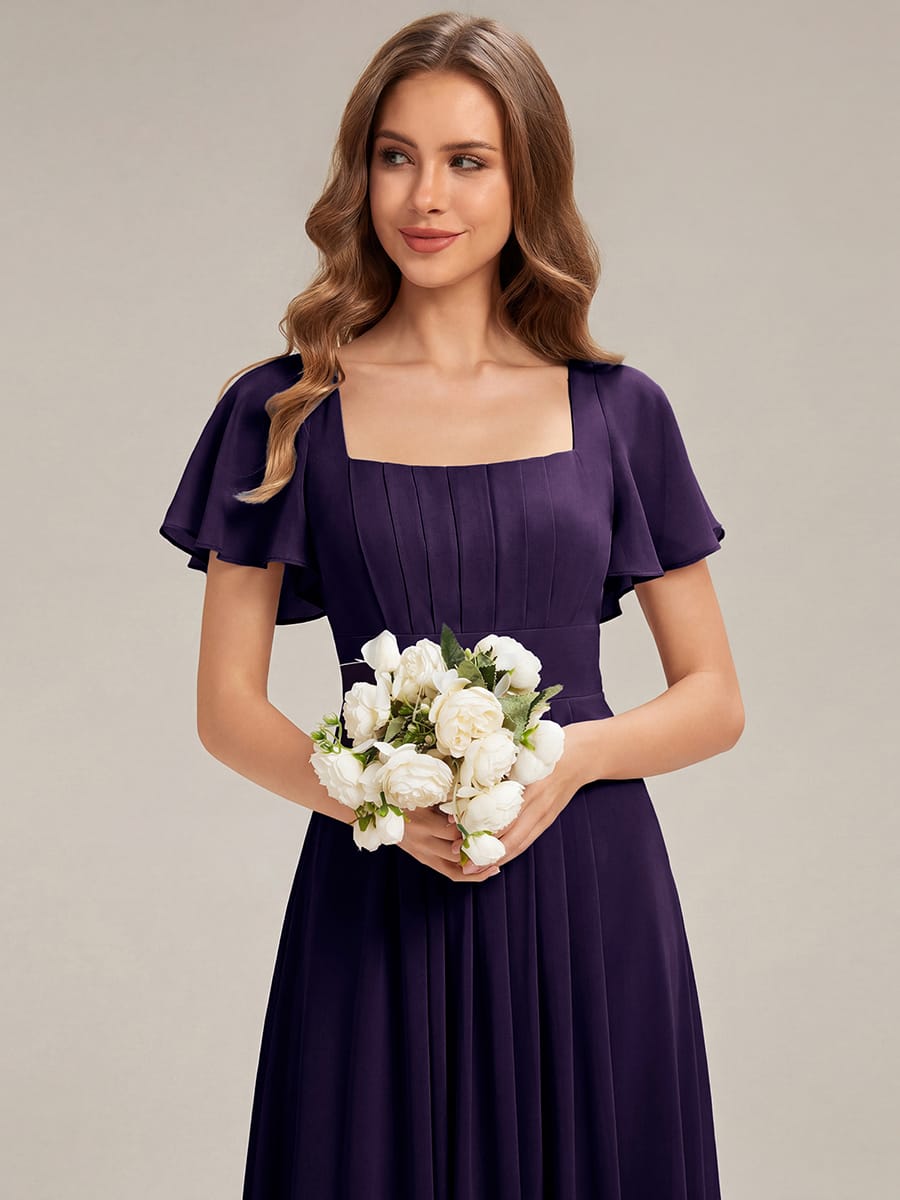 Ruched Chiffon Ruffle Sleeve Dress #color_Dark Purple