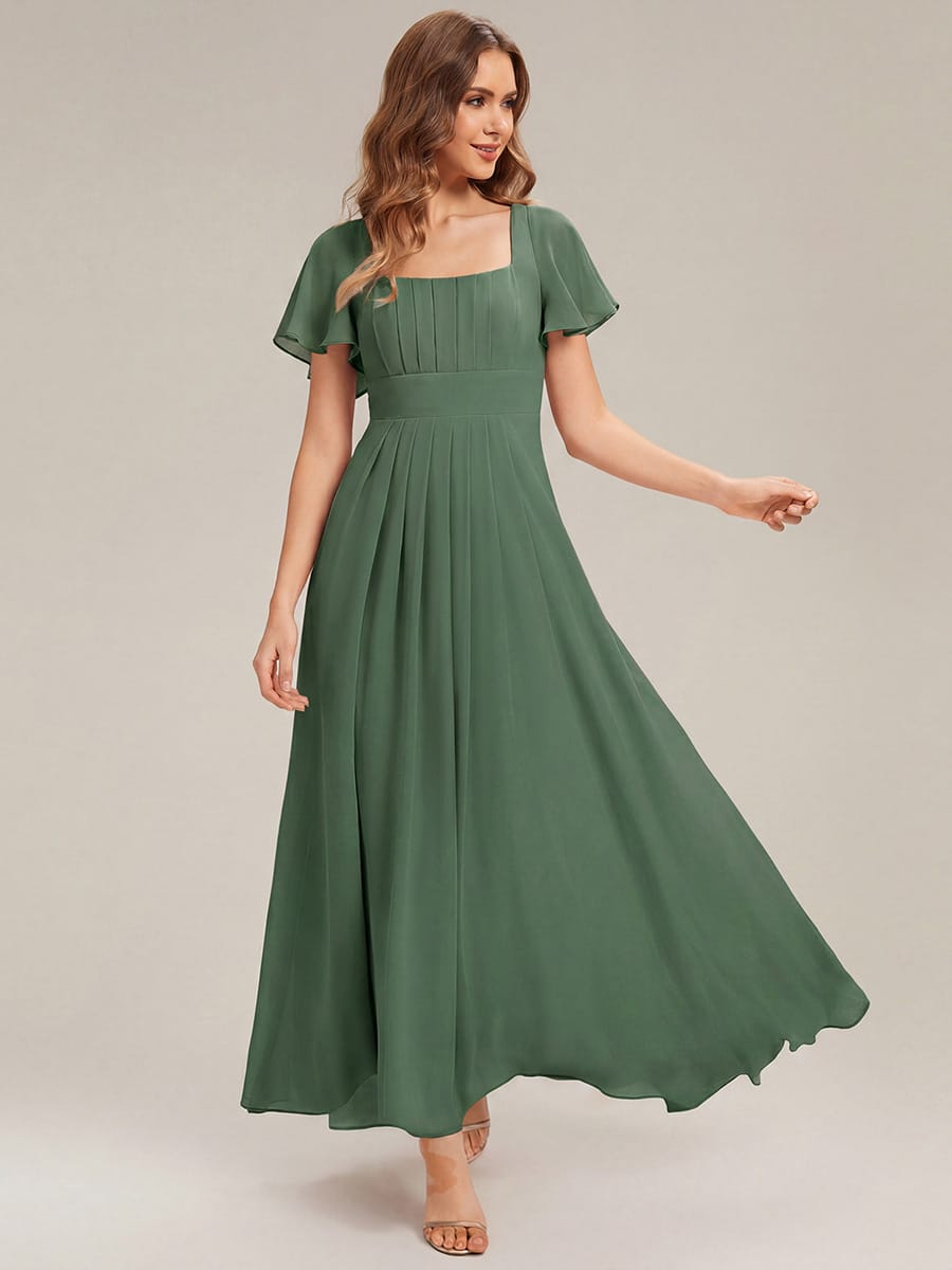 Ruched Chiffon Ruffle Sleeve Dress #color_Eucalyptus Green