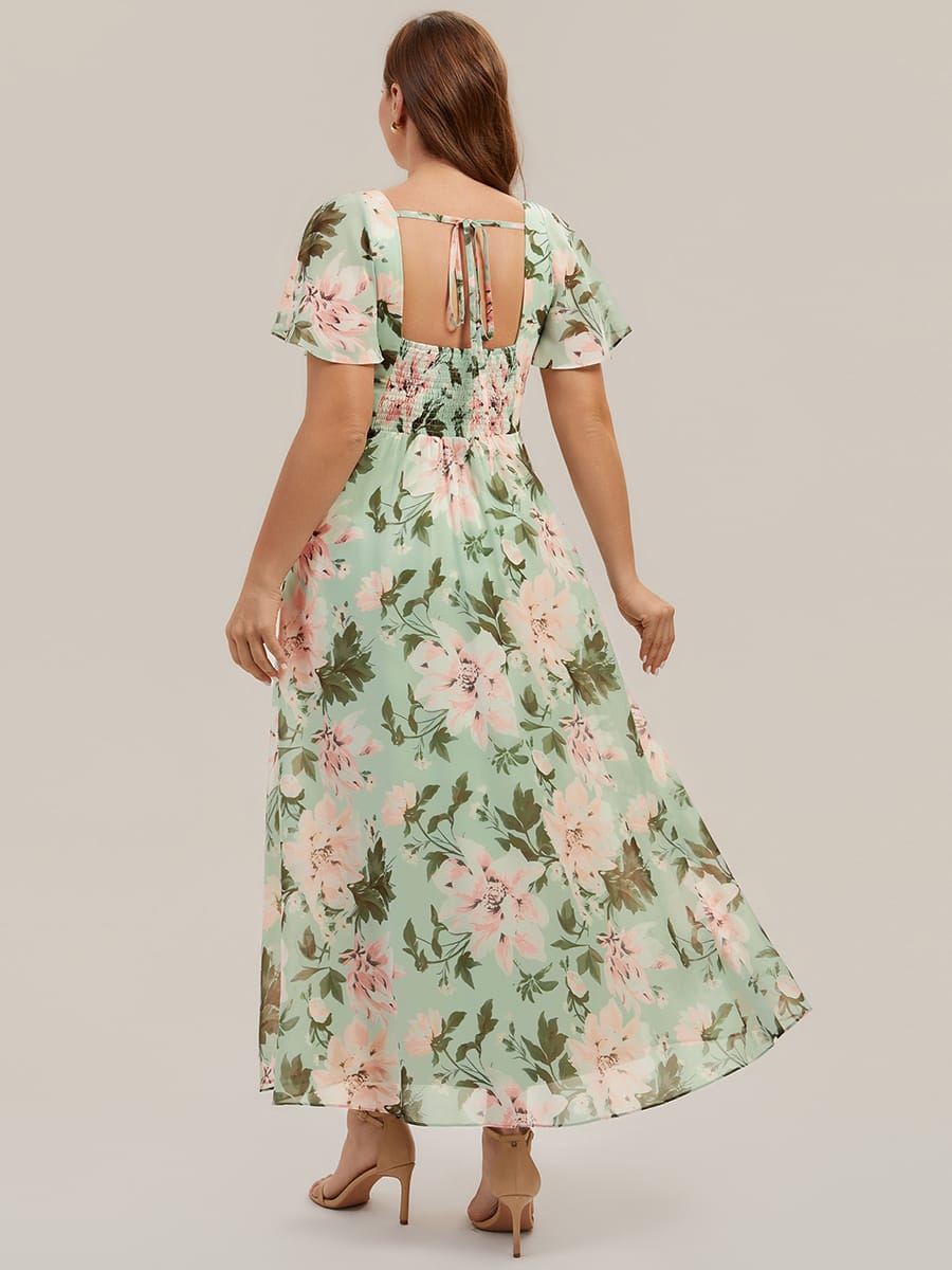 Ruched Chiffon Ruffle Sleeve Dress #color_Light Green Floral