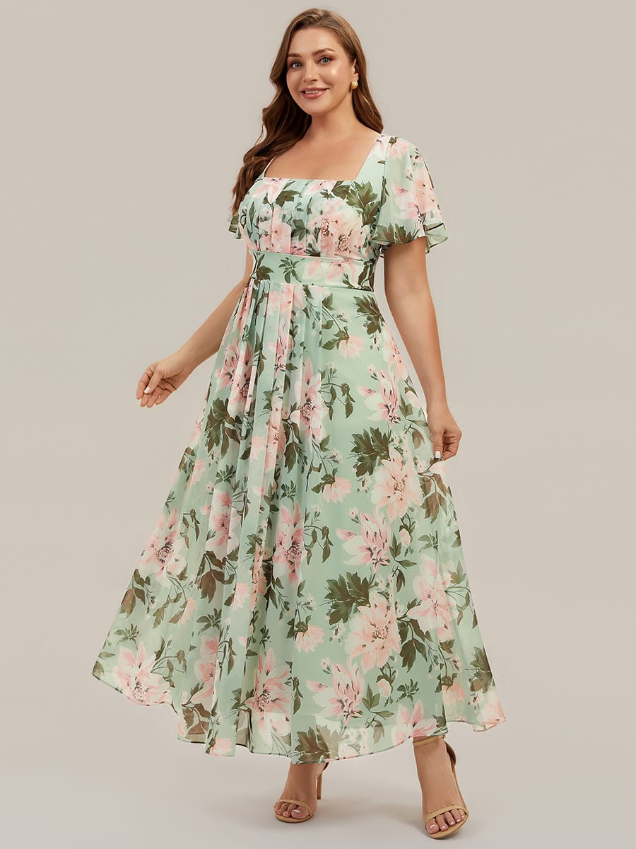 Ruched Chiffon Ruffle Sleeve Dress #color_Light Green Floral