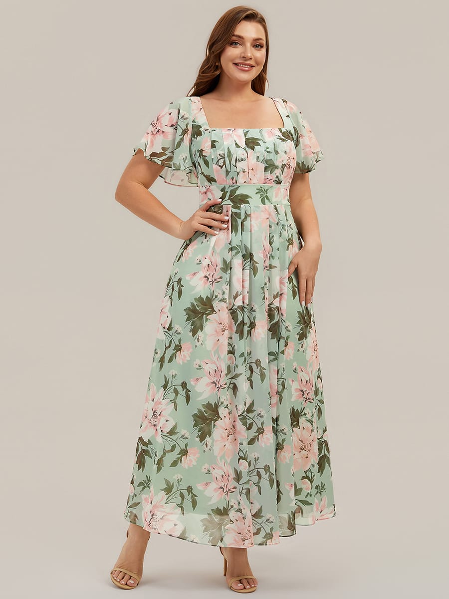 Ruched Chiffon Ruffle Sleeve Dress #color_Light Green Floral