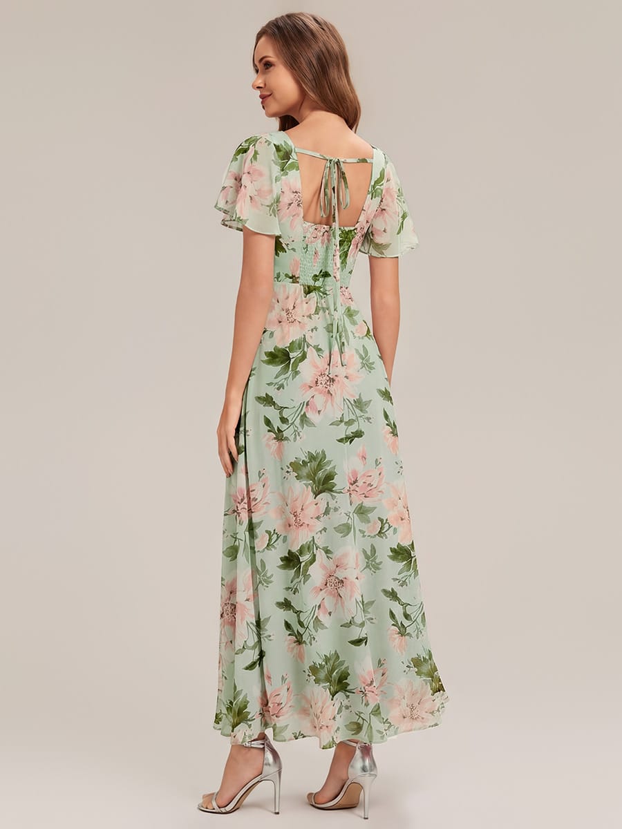 Ruched Chiffon Ruffle Sleeve Dress #color_Light Green Floral