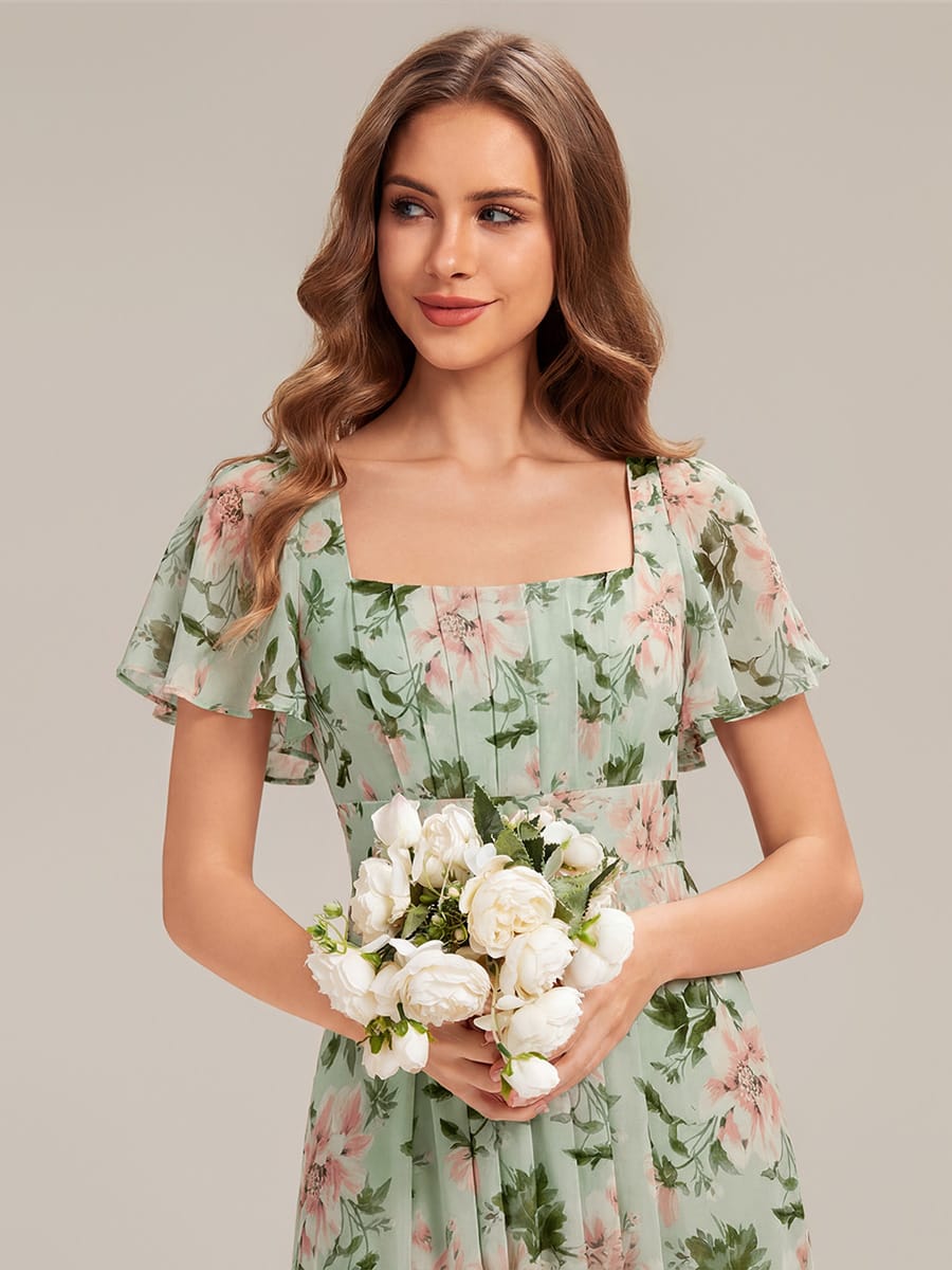Ruched Chiffon Ruffle Sleeve Dress #color_Light Green Floral