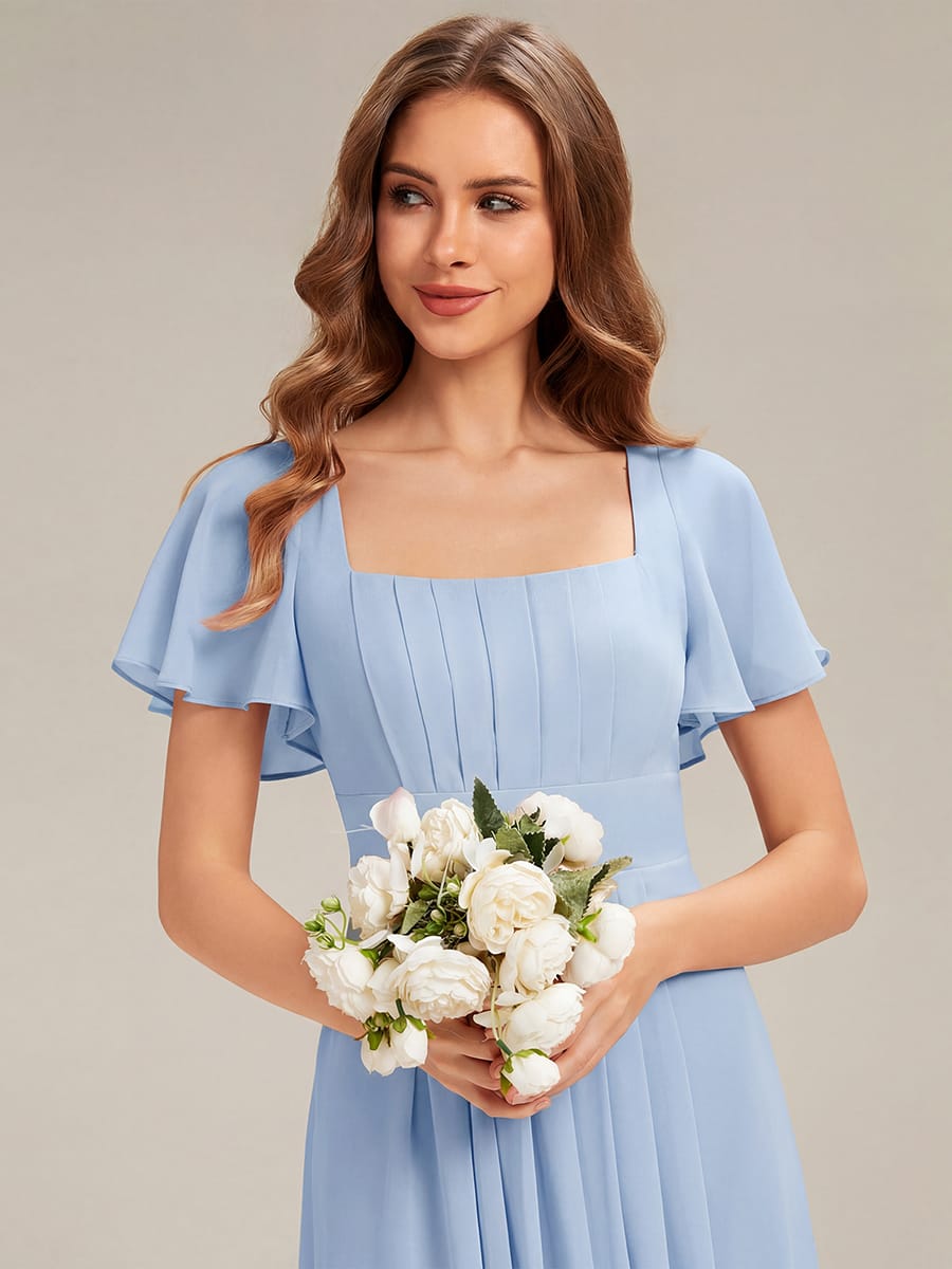 Ruched Chiffon Ruffle Sleeve Dress #color_Ice Blue