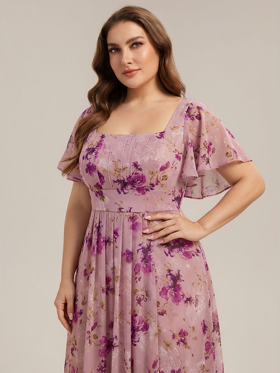 Ruched Chiffon Ruffle Sleeve Dress #color_Light Purple Print