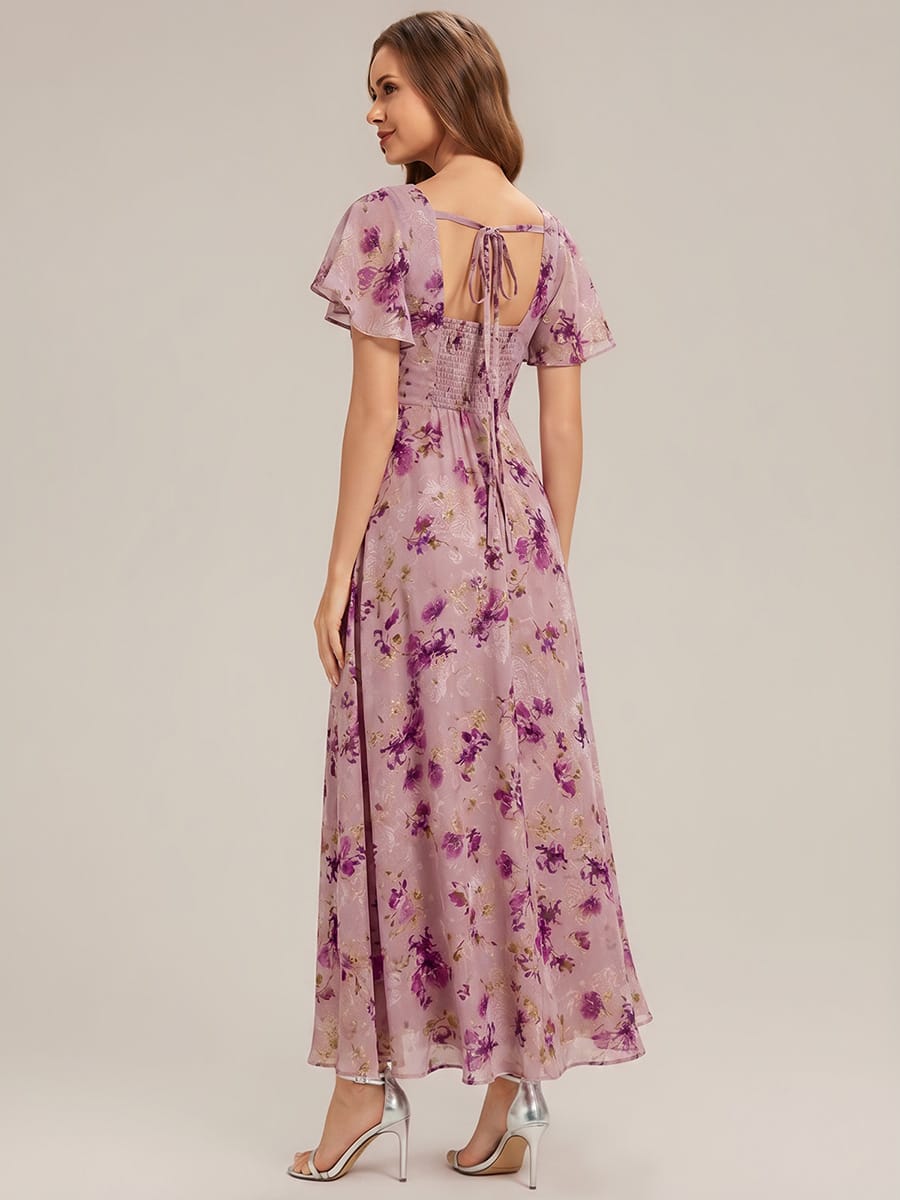 Ruched Chiffon Ruffle Sleeve Dress #color_Light Purple Print