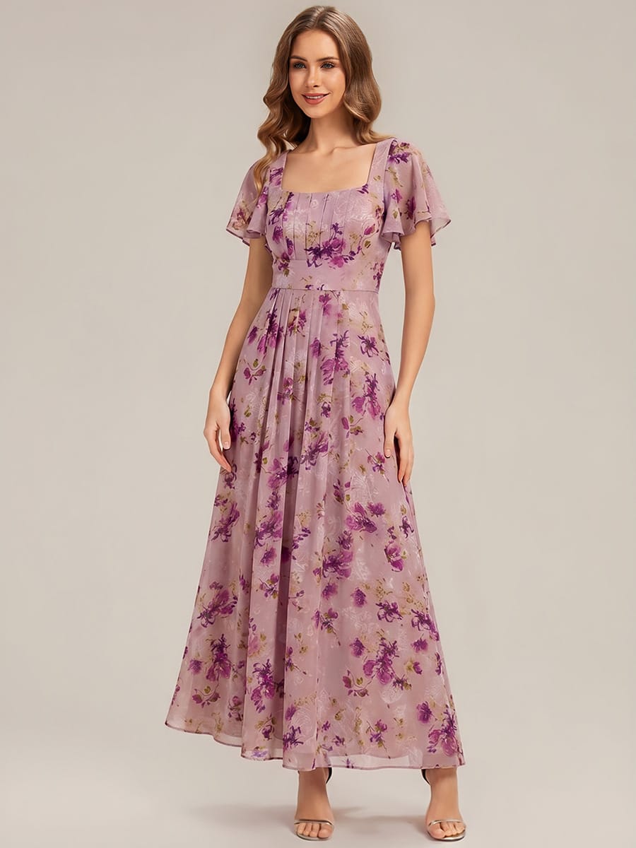 Ruched Chiffon Ruffle Sleeve Dress #color_Light Purple Print