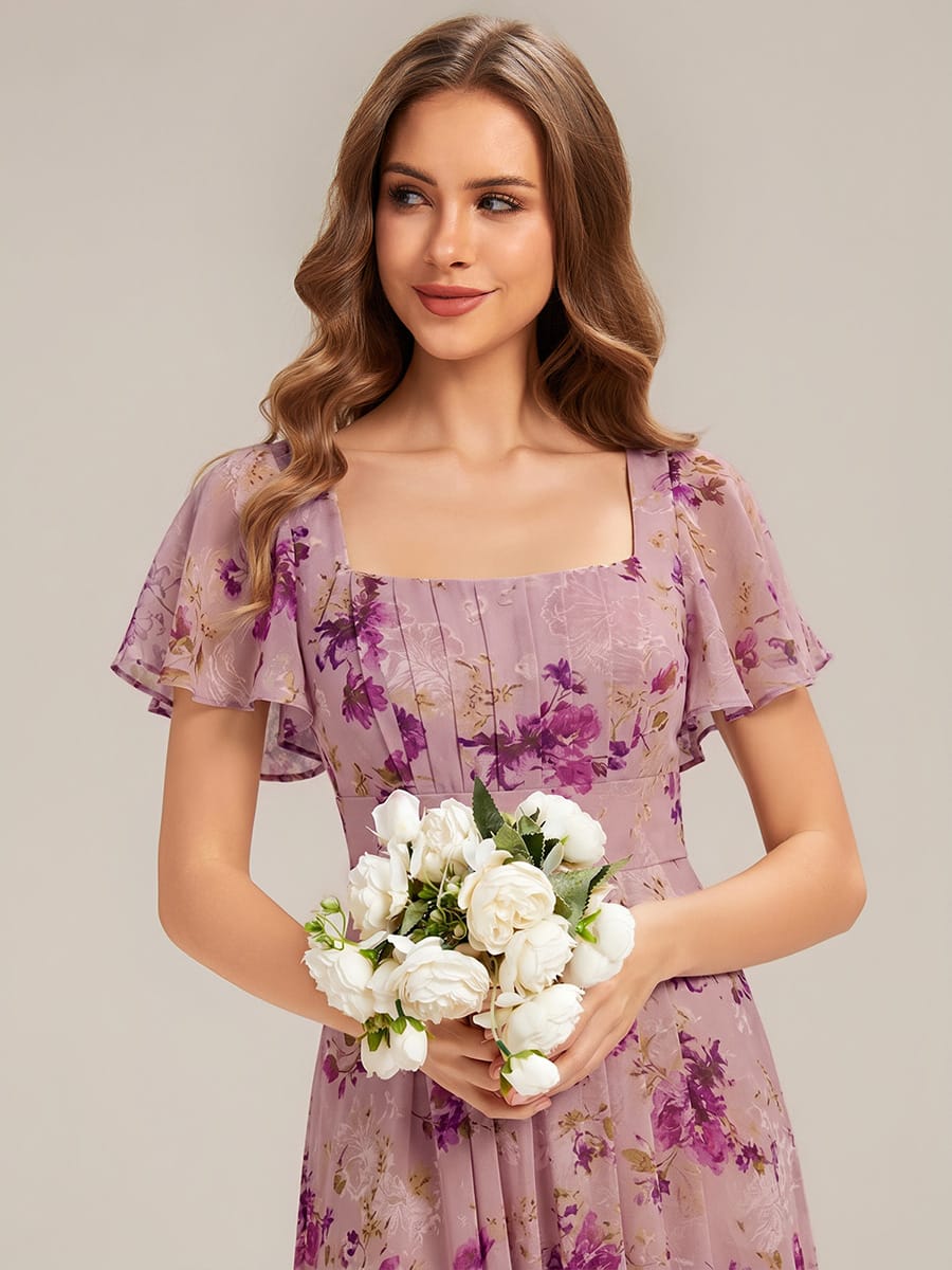 Ruched Chiffon Ruffle Sleeve Dress #color_Light Purple Print