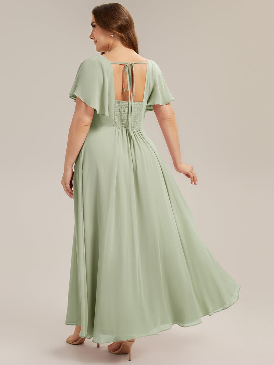 Ruched Chiffon Ruffle Sleeve Dress #color_Mint Green