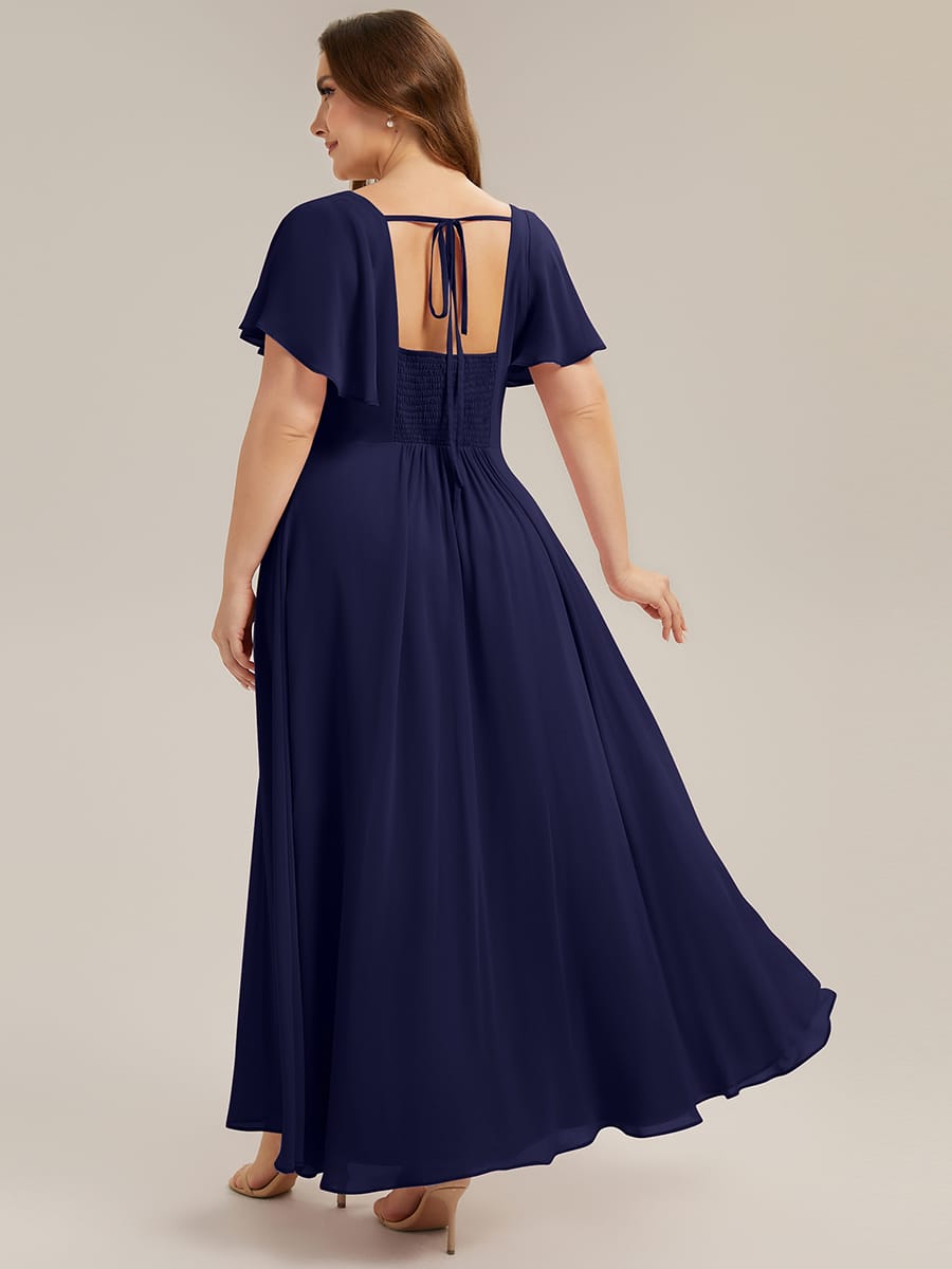 Ruched Chiffon Ruffle Sleeve Dress #color_Navy Blue