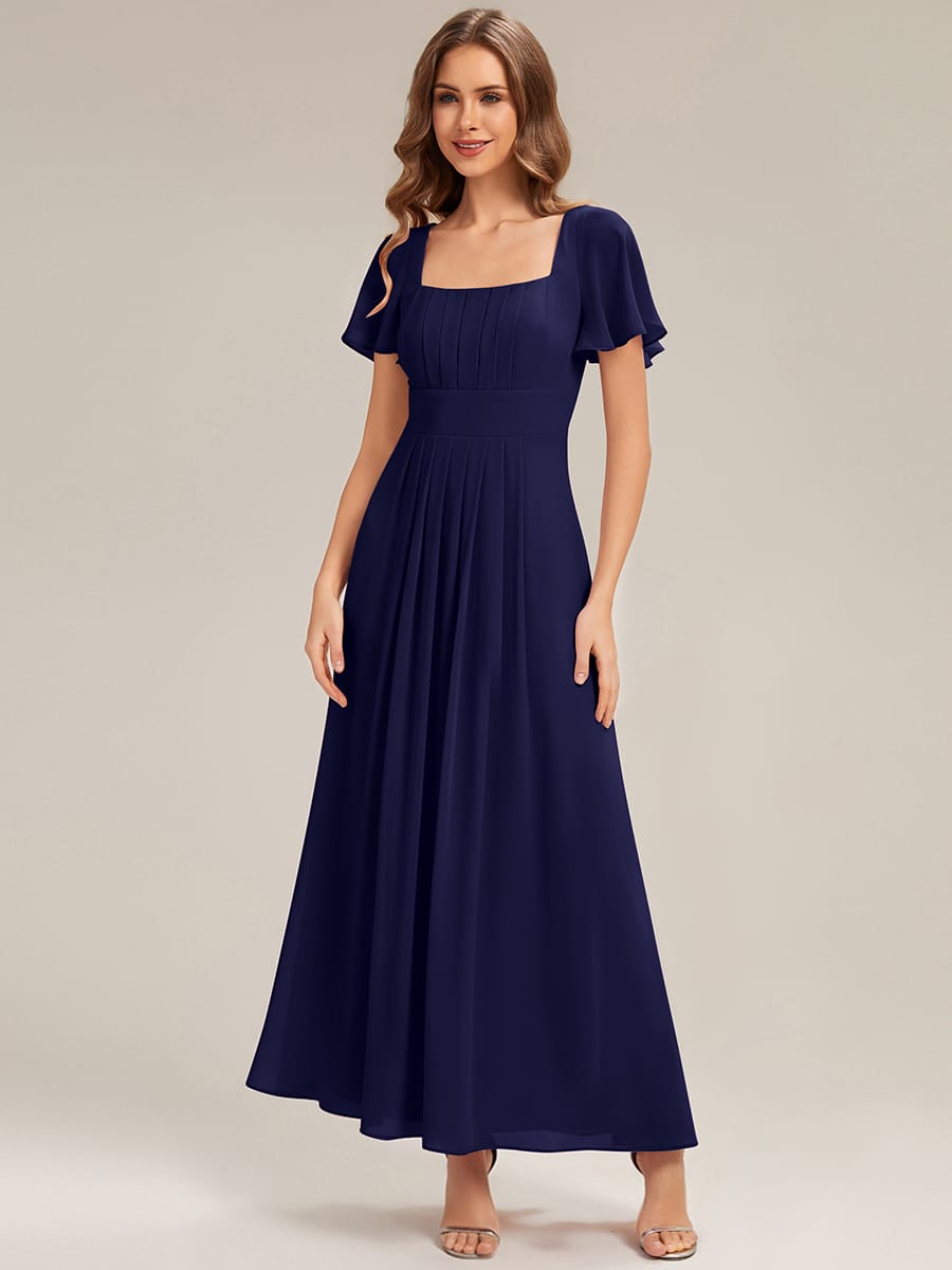 Ruched Chiffon Ruffle Sleeve Dress #color_Navy Blue