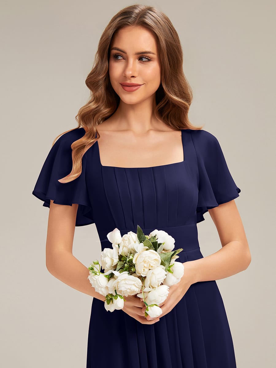 Ruched Chiffon Ruffle Sleeve Dress #color_Navy Blue