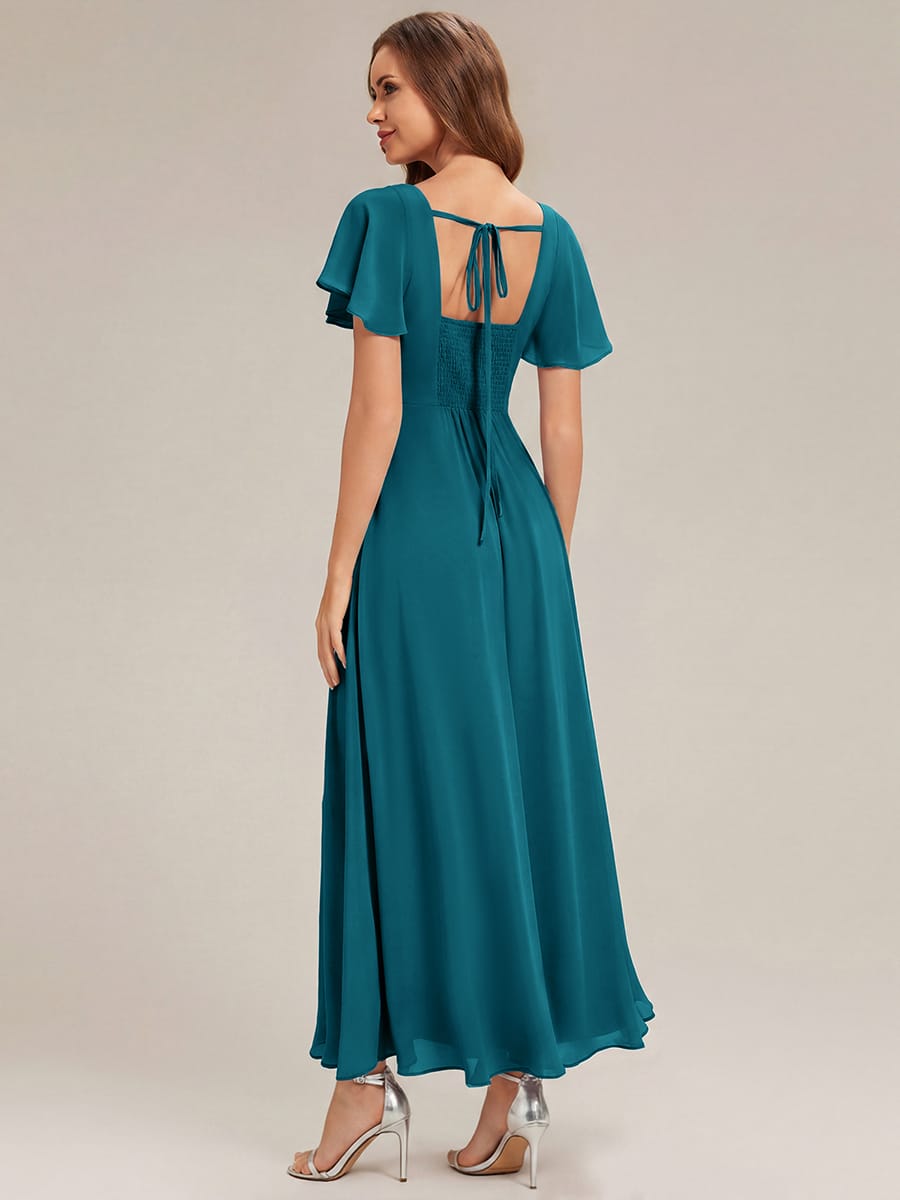 Ruched Chiffon Ruffle Sleeve Dress #color_Teal Blue