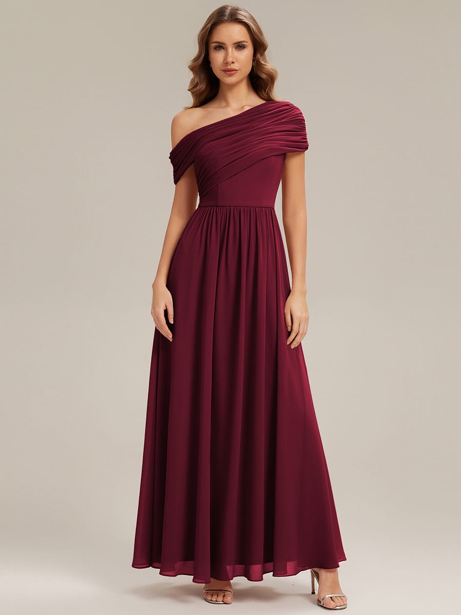 Gathered Chiffon Off the Shoulder Dress #color_Burgundy