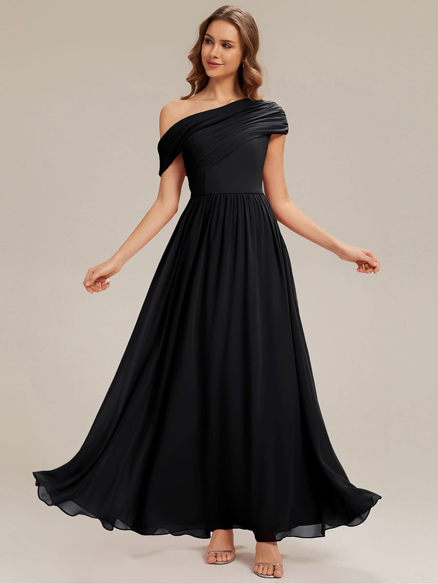 Gathered Chiffon Off the Shoulder Dress #color_Black