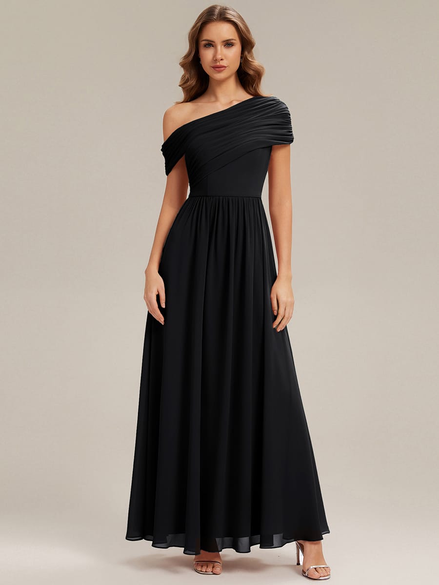 Gathered Chiffon Off the Shoulder Dress #color_Black