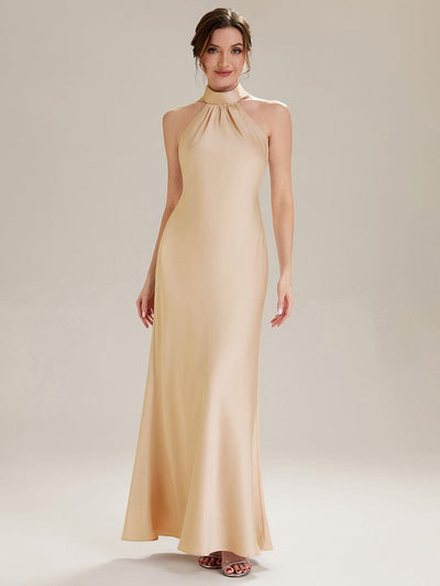 Flowing Ribbons Satin Sleeveless Dress #color_Champagne
