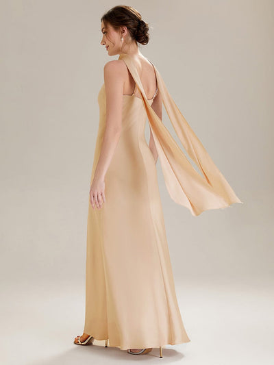 Flowing Ribbons Satin Sleeveless Dress #color_Champagne