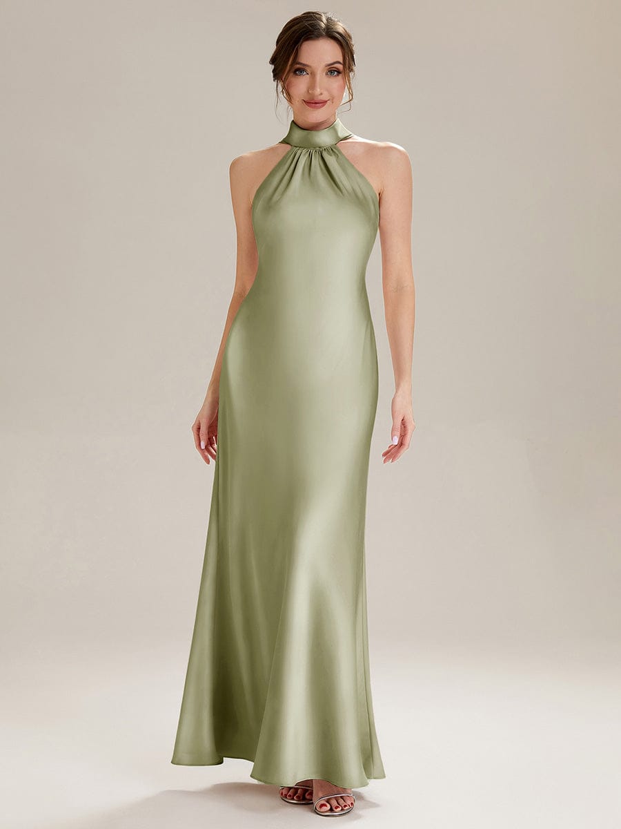 Flowing Ribbons Satin Sleeveless Dress #color_Sage Green