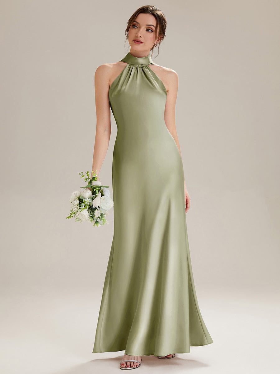 Flowing Ribbons Satin Sleeveless Dress #color_Sage Green