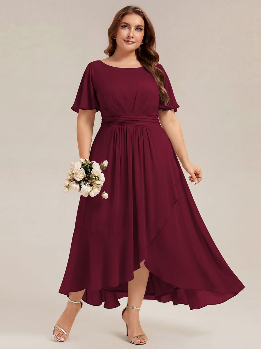 Ruched Chiffon Ruffle Sleeve Dress #color_Burgundy