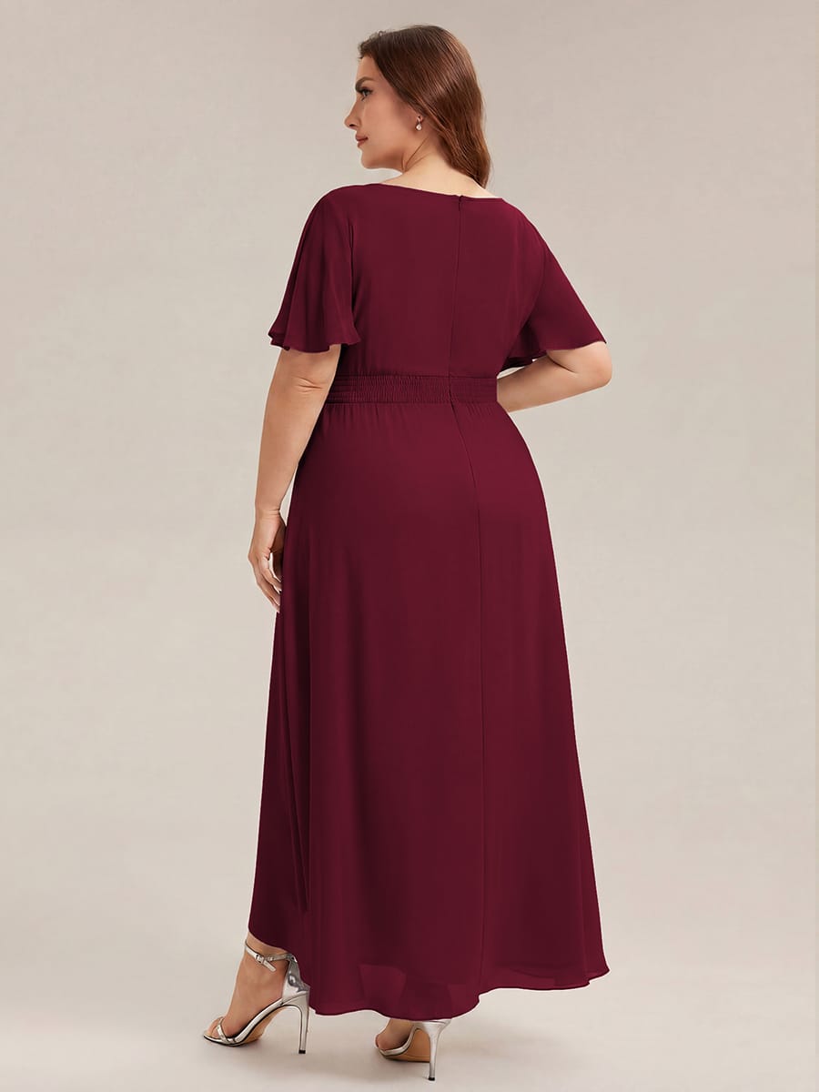Ruched Chiffon Ruffle Sleeve Dress #color_Burgundy