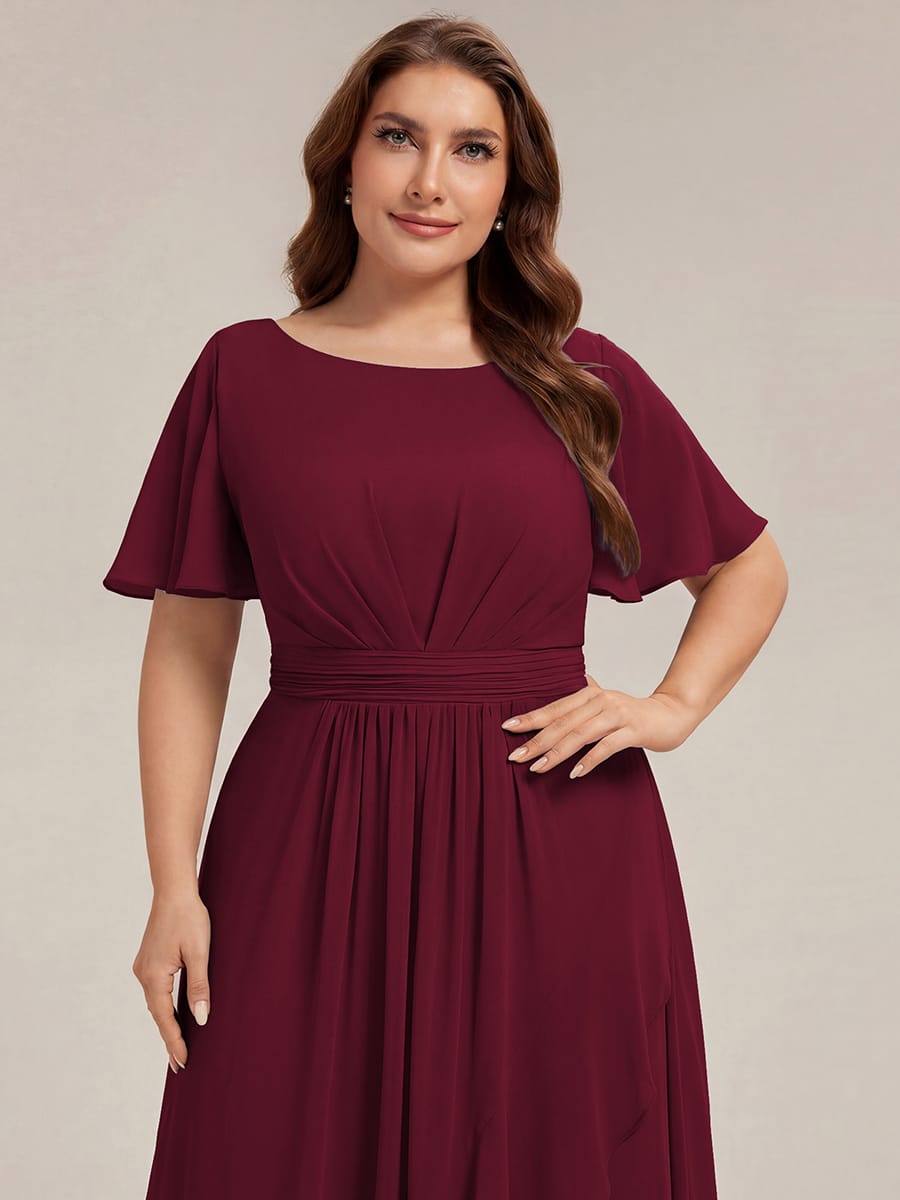 Ruched Chiffon Ruffle Sleeve Dress #color_Burgundy