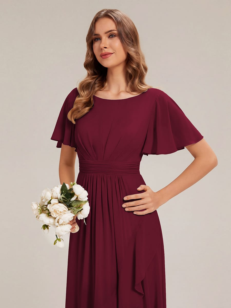 Ruched Chiffon Ruffle Sleeve Dress #color_Burgundy